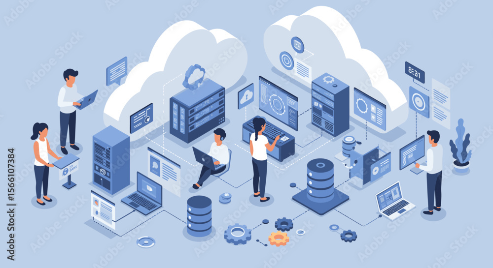 Poster cloud computing network vector illustration: digital collaboration and data management in isometric 
