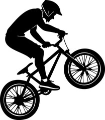 Fototapeta premium Bicycle rider silhouette performing stunt with helmet and casual clothing showing dynamic motion and balance