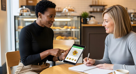Fototapeta premium Nutrition coach demonstrates meal-planner app to client in café