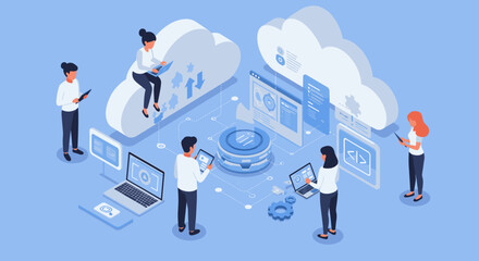 Cloud computing teamwork vector illustration for digital workflow design in isometric style