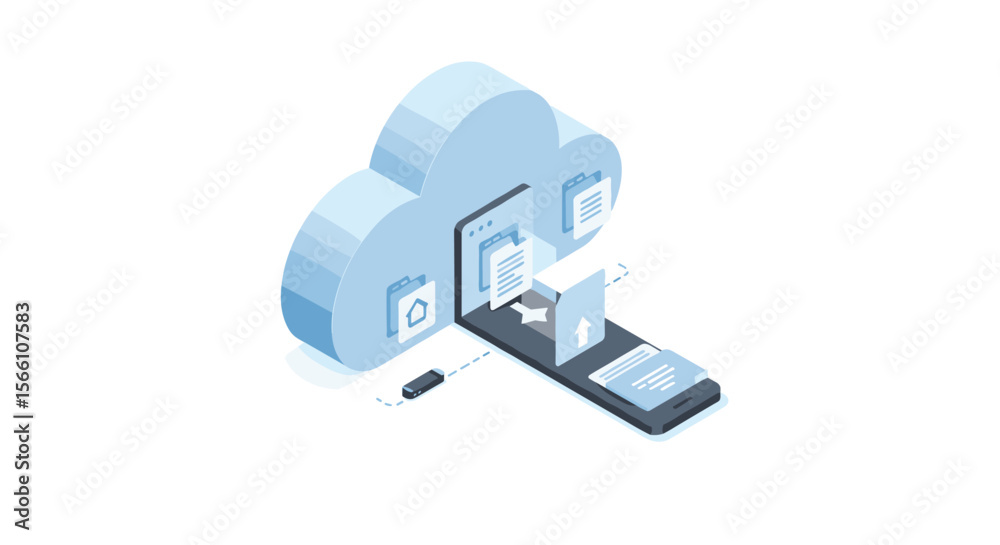 Poster cloud computing data transfer concept for mobile applications | isometric vector illustration