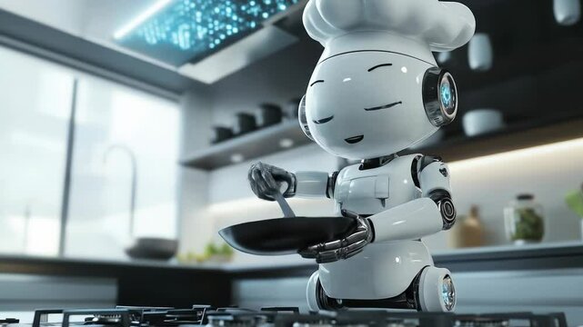 Friendly robot chef stirring food in modern kitchen  
