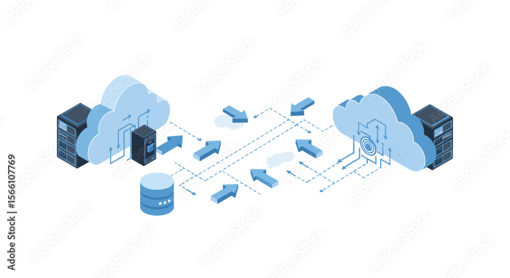 Poster cloud computing network diagram vector illustration for data storage and technology design in isomet