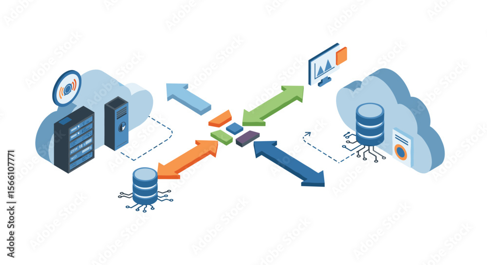Poster cloud computing connection vector illustration: data integration and technology in isometric style f