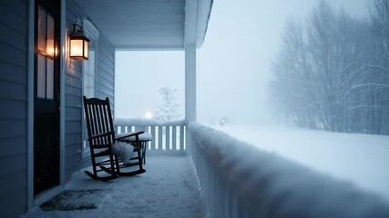 Cozy winter scene with rocking chair on snowy porch during a fierce blizzard at twilight - Powered by Adobe