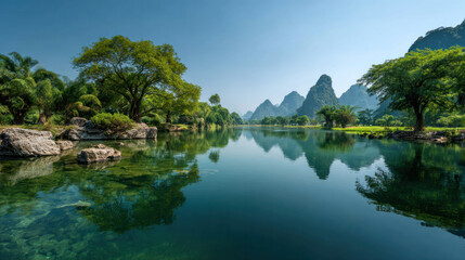 Fototapeta premium Serene River Landscape in a Scenic Valley