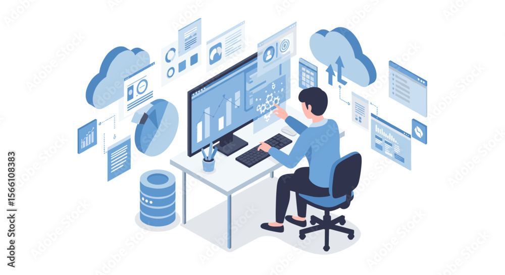 Poster data analysis and cloud computing vector illustration for tech-themed design in isometric style