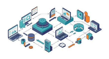 Obraz premium Isometric business process automation vector illustration for digital workflow design