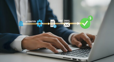 Close-up of a person using a laptop, with digital icons representing automation, email, and approval overlaid
