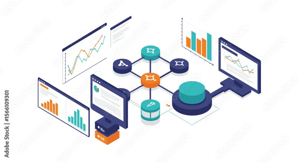 Poster data analysis isometric concept design for digital analytics and report visualization vector illustr