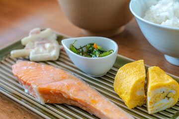 Traditional Japanese Breakfast with Grilled Salmon and Tamagoyaki /...
