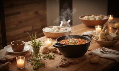 A rustic wooden table set for a cozy dinner, with a steaming pot of homemade stew at the center, surrounded