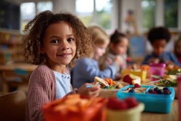 Smiling young girl enjoying healthy lunch with classmates in colorful lunchboxes filled with fruits and vegetables, set in a bright and cheerful classroom, promoting nutrition, friendship