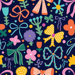 Seamless pattern with various cute bow knots, gift ribbons and flowers. Hand drawn vector illustration. Can be used in textile industry, paper, background, scrapbooking.