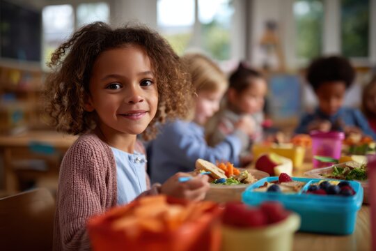 Smiling young girl enjoying healthy lunch with classmates in colorful lunchboxes filled with fruits and vegetables, set in a bright and cheerful classroom, promoting nutrition, friendship