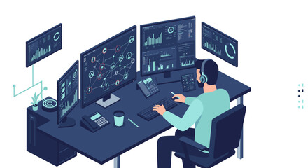 Modern workplace technology vector illustration for office design, digital monitoring concepts, flat style