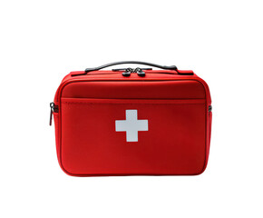 A red first aid kit with a white cross isolated on transparent background