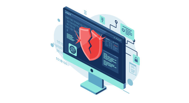 Cybersecurity threat vector illustration - broken shield on computer screen for security design