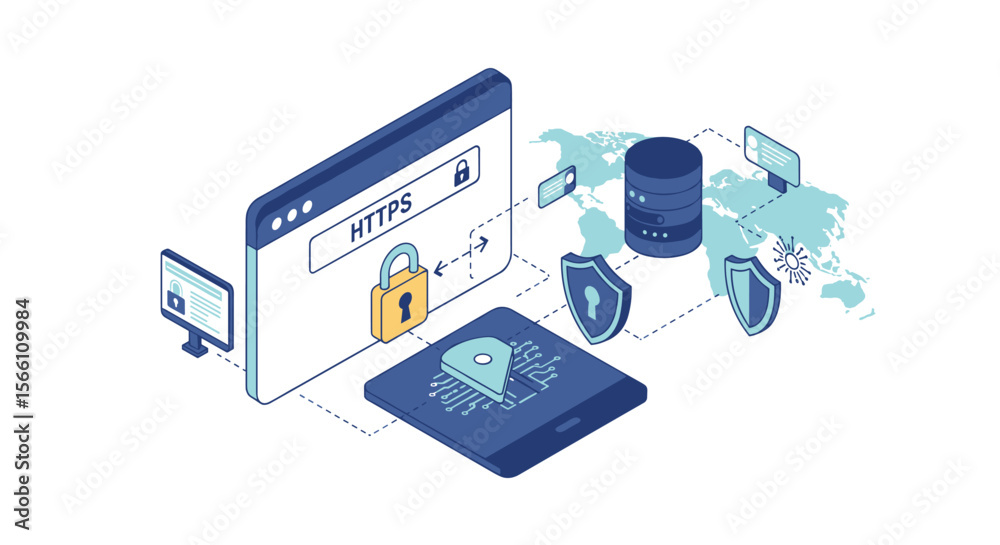 Poster cybersecurity concept vector illustration: data protection with https, network security design for w