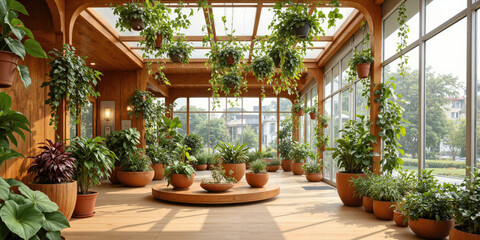 Smart greenhouse in warm amber, featuring automated climate control systems that regulate temperature and humidity, and AI-powered plant health monitors
