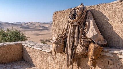 Beige Clothing on Tan Wall Against Desert Dunes