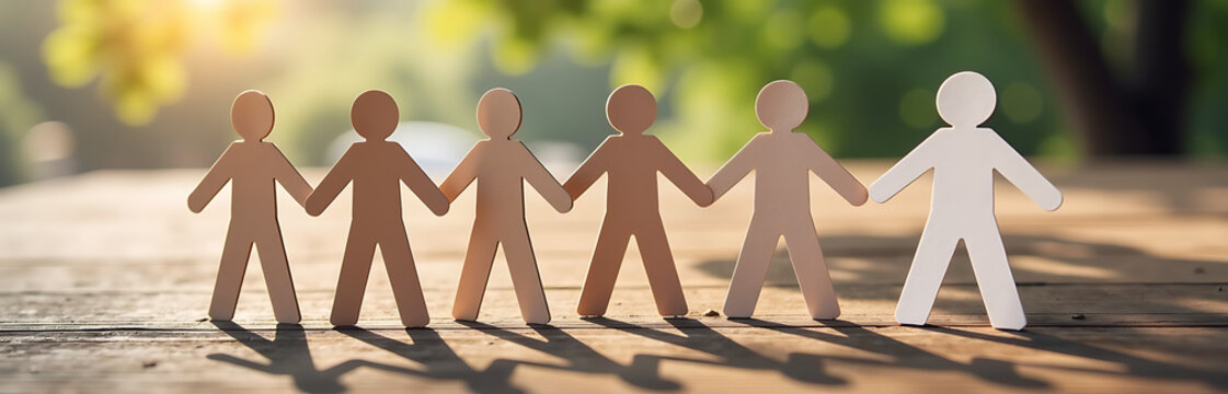 paper figures representing team members come together wooden surface form complete concept