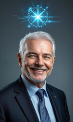 White senior man smiling gently with digital compass icon above, guidance energy, isolated , photo-realistic, soft studio light, medium
