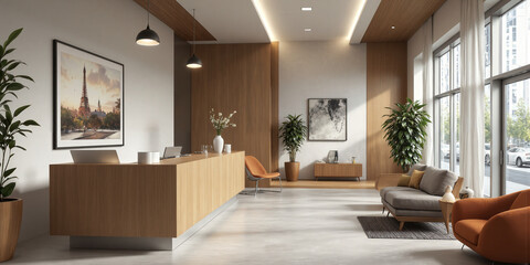Bright, inviting reception area with a floating wood desk, comfortable fabric seating, and ambient lighting. Adjustable task lights highlight