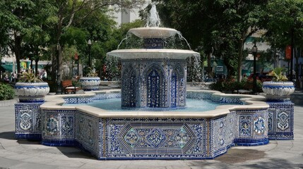 Blue and White Tile Fountain in a City Park
