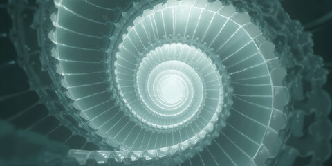 A spiral staircase made of translucent glass ascends into infinity against a minimalist gray backdrop; top-down angle captures the architectural