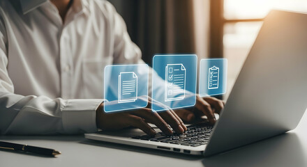 Close-up of person using laptop, digital document icons appear hovering over keyboard