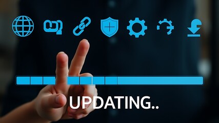 Hand touching digital progress bar with technology icons finger screen