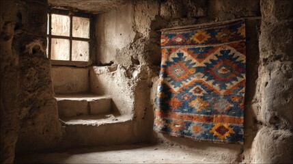 Blue Orange Vintage Rug on Stone Wall in Old Room