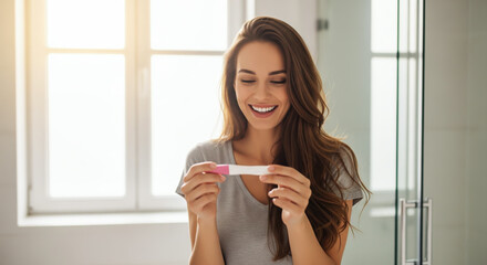A pregnant woman holding a pregnancy test with a joyful expression. The concept of early motherhood, new beginnings, and the emotional moment of discovering pregnancy. Generative AI.