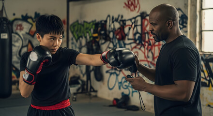 Female boxer and coach in gritty urban gym punching focus pads