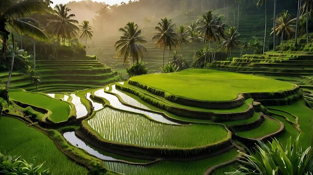 Sunrise over Lush Green Rice Terraces in Bali, Indonesia
