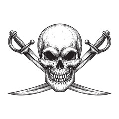 Pirate Skull and Crossed Swords Vector Engraving Illustration