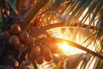 High Quality Picture of Coconut Palm with Brown Coconuts Before Harvest at Sunset