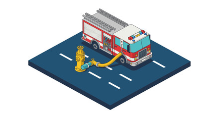 Isometric firetruck and hydrant vector illustration for safety design