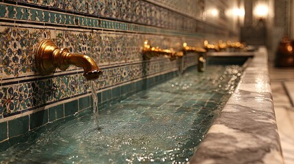 Brass Taps Flowing Water into Marble Fountain with Blue and Green Tiles