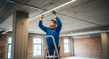 Fototapeta premium Electrician installs LED lighting in commercial office space