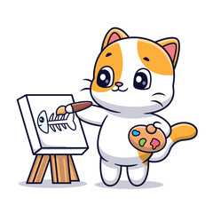 Cute Cat Painting Fish Cartoon Vector Icon Illustration. Animal Education Icon Concept Isolated Premium Vector. Flat Cartoon Style