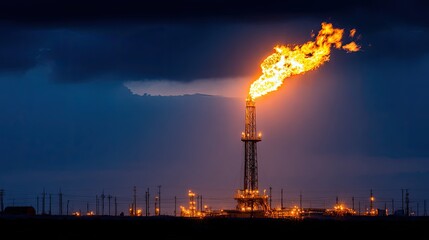 Bright Gas Flare Illuminates Night Sky Over Oil Rig