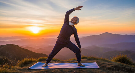 Elderly man practicing yoga stretches at sunrise on mountaintop