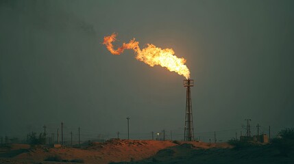 Bright Orange Gas Flare Burning Against Dark Desert Night Sky