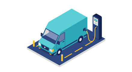 Electric van charging scene vector illustration: sustainable transport concept for design projects in isometric style
