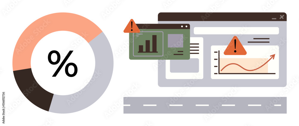 Poster pie chart and warning signs highlighting analytics issues, performance errors in dashboards and grow