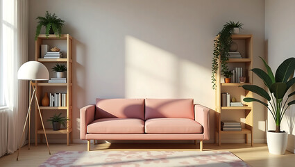 A cozy living room scene with a pastel pink sofa wooden shelves filled with books and plants and natural light streaming through a window