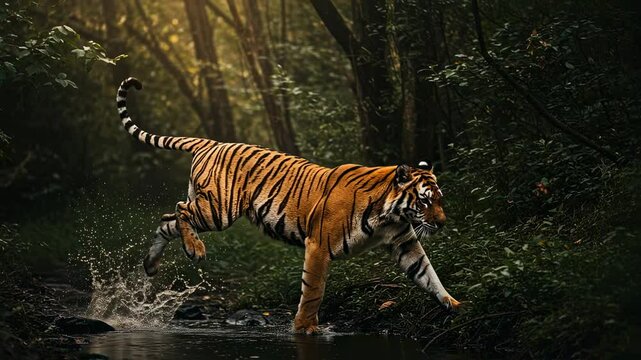 Powerful Tiger Leaping Across Jungle Stream in Dramatic Slow Motion