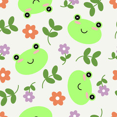 Cute cartoon of green frog and tropical flower seamless pattern vector background. Animal textile design for fabric print, kids wallpaper, cute design, wallpaper, gift wrap paper.